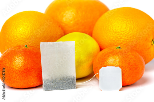 citrus tea in a package on a white background. Tea bag with citrus tea photo