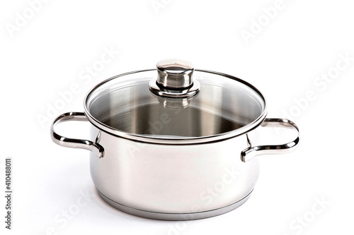 Stainless steel saucepan and tempered glass lid, stainless steel pot isolated on white background.