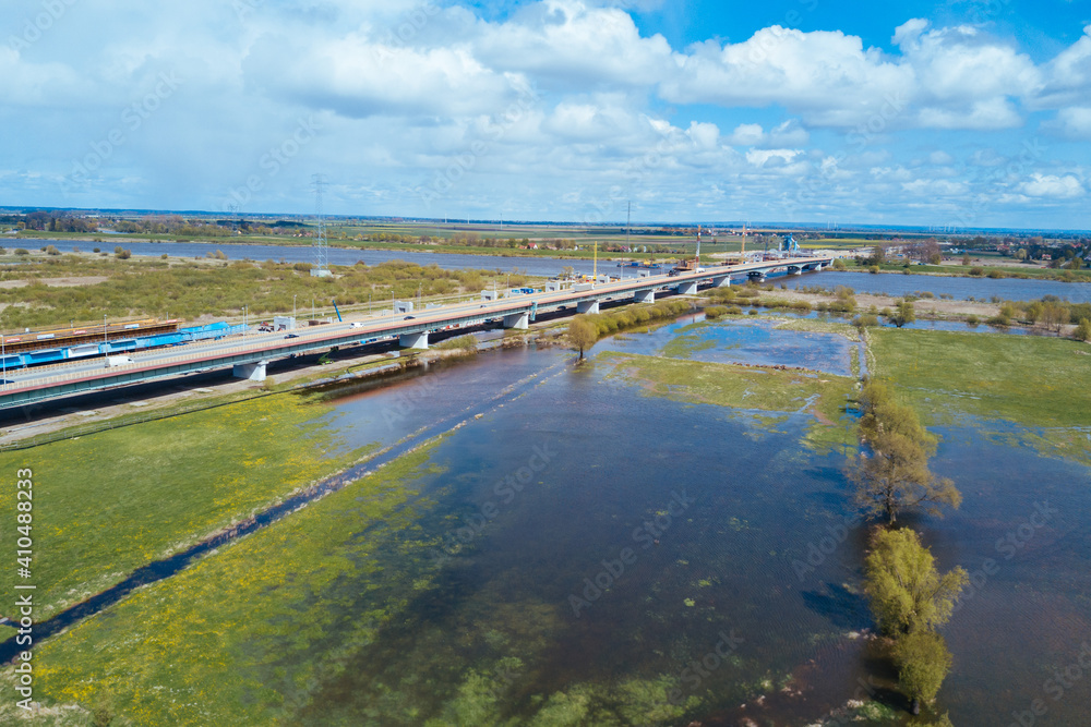 Motorway crossing the flooded river meadows Motorway crossing the flooded river meadows