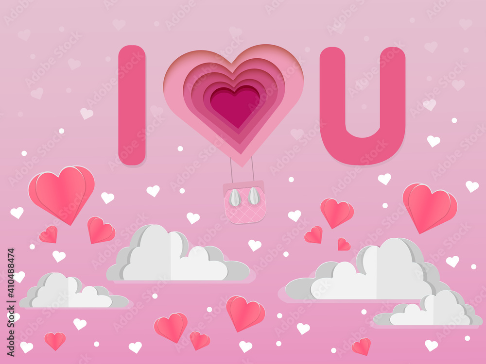 Valentine's day card. Heart shaped balloon flying in the clouds on a pink background. Cut paper effect