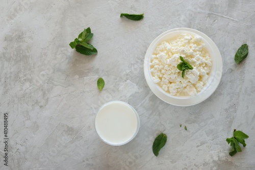 Russian cottage cheese and milk on a light background top view