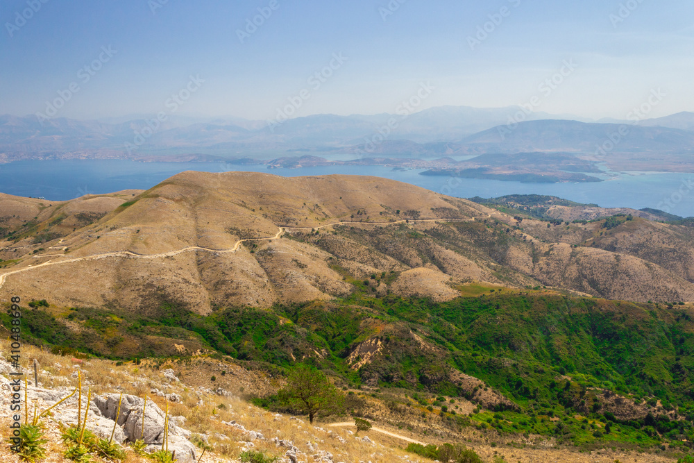 Panoramic view from the top of Mount Pantokrator, the highest mountain of Corfu. Greece. Albania is visible on the other side of the strait.