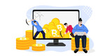 People mining mountain made of Bitcoins. Cryptocurrency mining hype with high earnings concept. Investment in bitcoin and other digital currency. Funny Cartoon Characters. Vector Illustration.