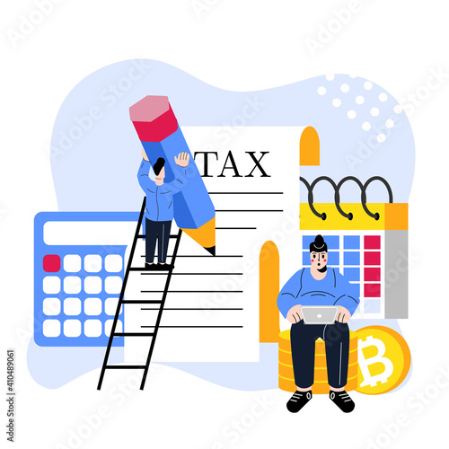 Cryptocurrency taxation concept. Paying taxes on bitcoin. Tax form, paperwork. People Filling tax form and Submit Digital tax via Website. Taxpayer Character Cartoon Vector illustration.