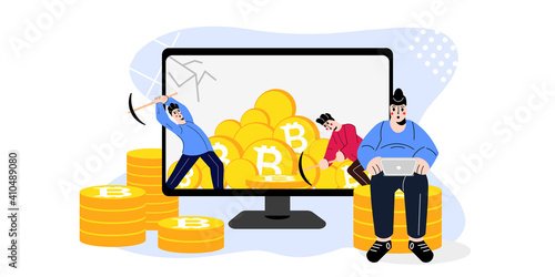 People mining mountain made of Bitcoins. Cryptocurrency mining hype with high earnings concept. Investment in bitcoin and other digital currency. Funny Cartoon Characters. Vector Illustration.