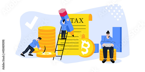 Cryptocurrency taxation concept. Paying taxes on bitcoin. Tax form, paperwork. People Filling tax form and Submit Digital tax via Website. Taxpayer Character Cartoon Vector illustration.
