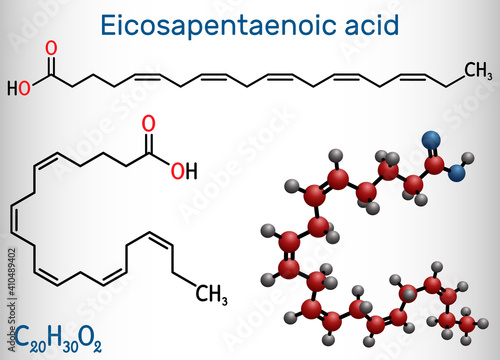 Eicosapentaenoic acid, EPA, icosapentaenoic acid, icosapent molecule. It is an omega-3 polyunsaturated long-chain fatty acid. Structural chemical formula and molecule model. Vector illustration