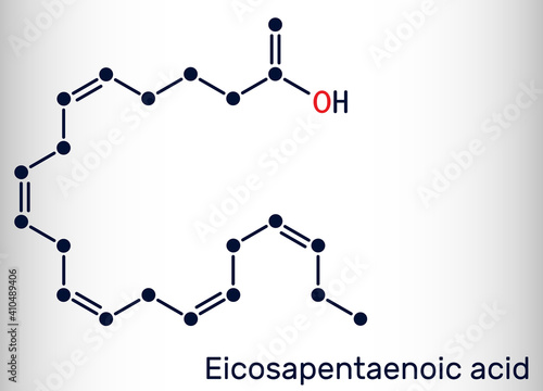 Eicosapentaenoic acid, EPA, icosapentaenoic acid, icosapent molecule. It is an omega-3 polyunsaturated long-chain fatty acid. Skeletal chemical formula