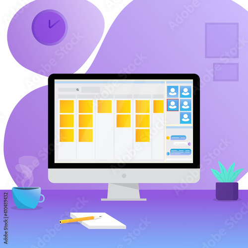 Illustration of an online meeting with a team. Kanban methodology and agile. Computer monitor with open task board and online conference. Trend illustration
