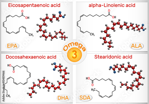 Omega-3, polyunsaturated fatty acids. Eicosapentaenoic acid (EPA), docosahexaenoic acid (DHA), stearidonic acid (SDA), alpha-linolenic acid (ALA) photo