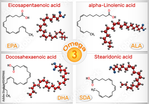 Omega-3, polyunsaturated fatty acids. Eicosapentaenoic acid (EPA), docosahexaenoic acid (DHA), stearidonic acid (SDA), alpha-linolenic acid (ALA)