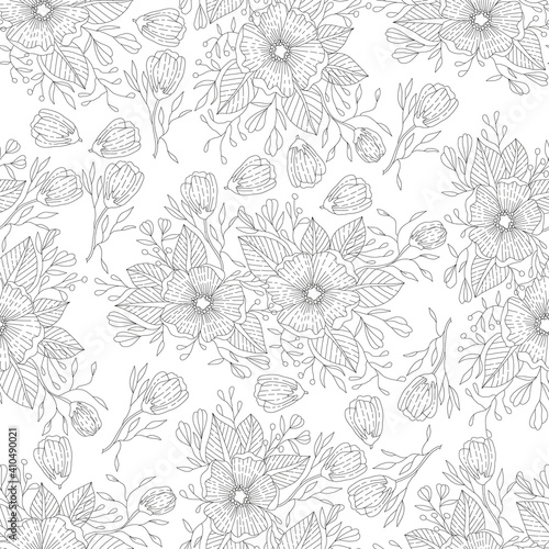 Monochrome doodle flower seamless pattern for adult coloring book. Black and white floral outline. Vector hand drawn illustration.