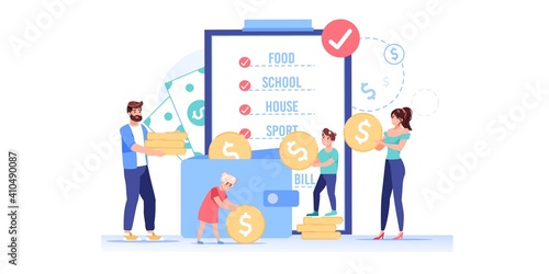 Vector cartoon flat happy family characters put gold coins in wallet.Parents kids makes home budget finance management,following money saving plan list-family budget,web site banner ad concept
