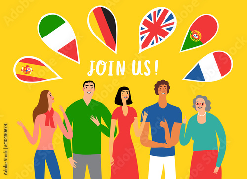 Illustration with people of different gender, race and age learning and speaking different languages.