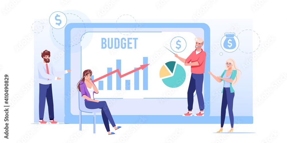 Vector cartoon flat students teacher characters in online education class business course.Coach teaching finance,investments,budget money management on computer app screen-web site banner ad concept Vector cartoon flat students teacher characters in online education class business course.Coach teaching finance,investments,budget money management on computer app screen-web site banner ad concept