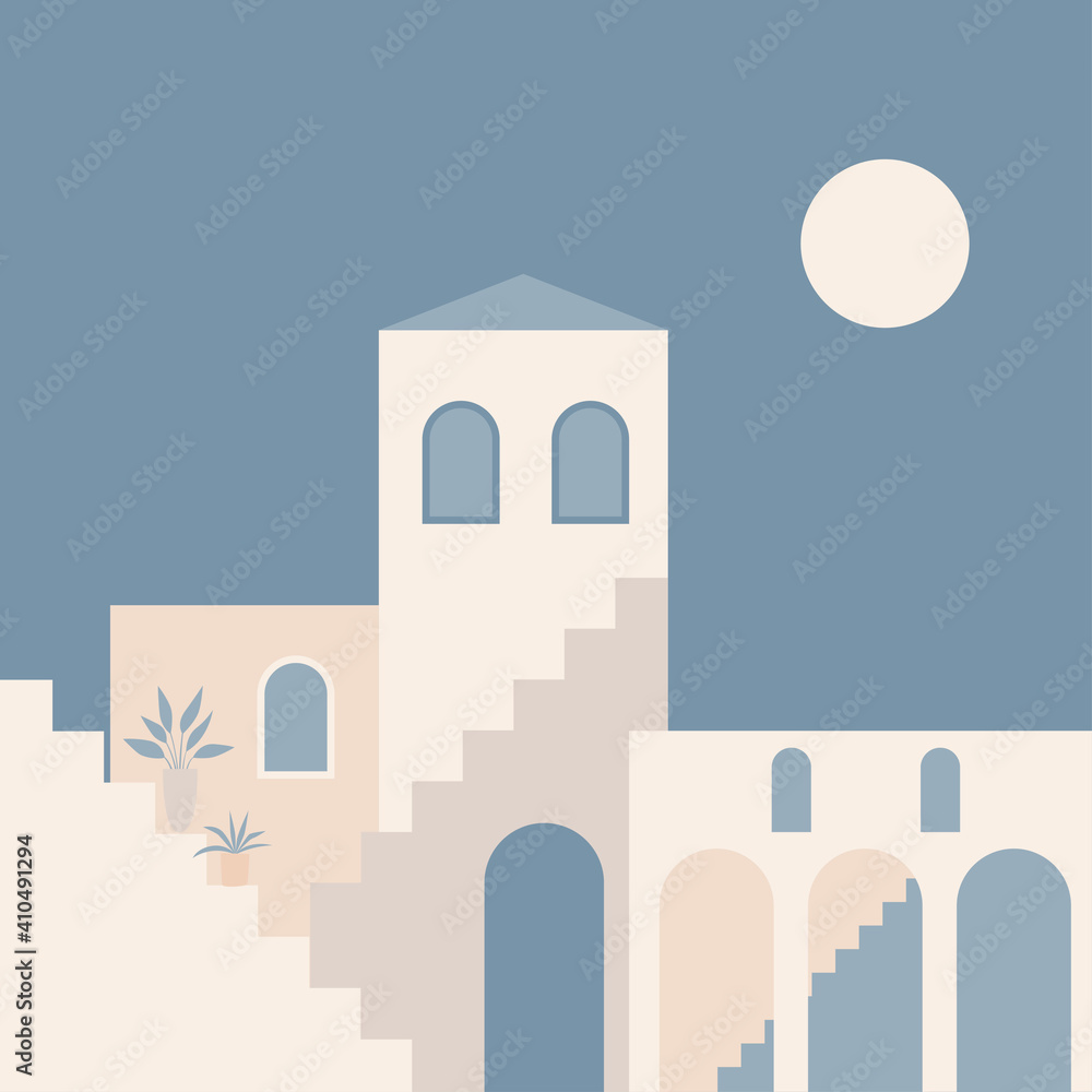 Old city minimalist boho illustration. Boho summer old city with stairs pattern for design tourism agency flyer, summer birthday greeting card, resort party advertising etc.