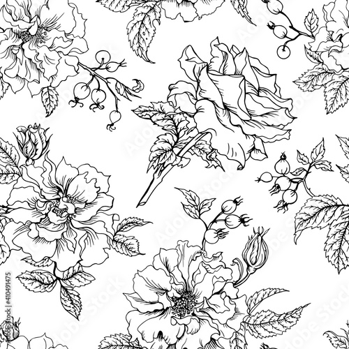 Seamless pattern of roses and twigs, black and white vector illustration, print for fabric and other designs.