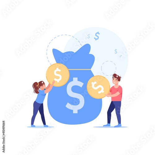 Vector cartoon flat happy family characters children put gold coins in bag.Girl,boy saving money-home budget finance management,financial literacy,investments,family budget web site banner ad concept
