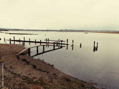 Water landscape with wooden posts