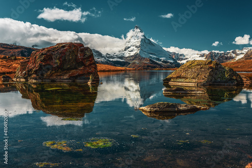 Matterhorn reflection in the lake Stellisee, Switzerland. Landscape photography at the Stellisee