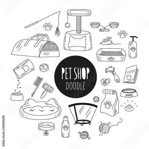 Big Doodle set with Pets stuff and supply icons set. Vector illustration in hand drawn style. Vet symbol collection for pet shop