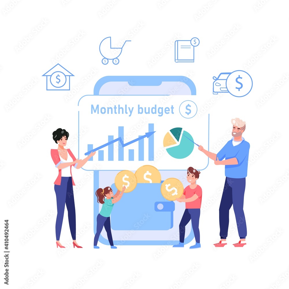 Vector cartoon flat happy family characters put gold coins in wallet.Parents kids makes home budget finance management on mobile app screen-money saving,family budget,web site banner ad concept