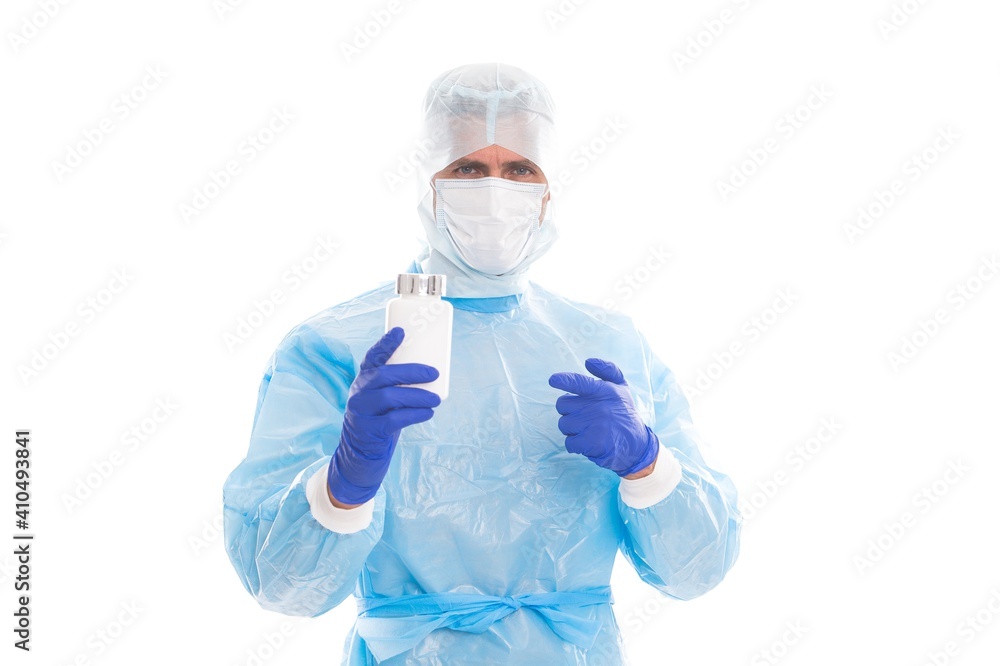Lab scientist point finger at bottle with drug product, medicaments Lab scientist point finger at bottle with drug product, medicaments