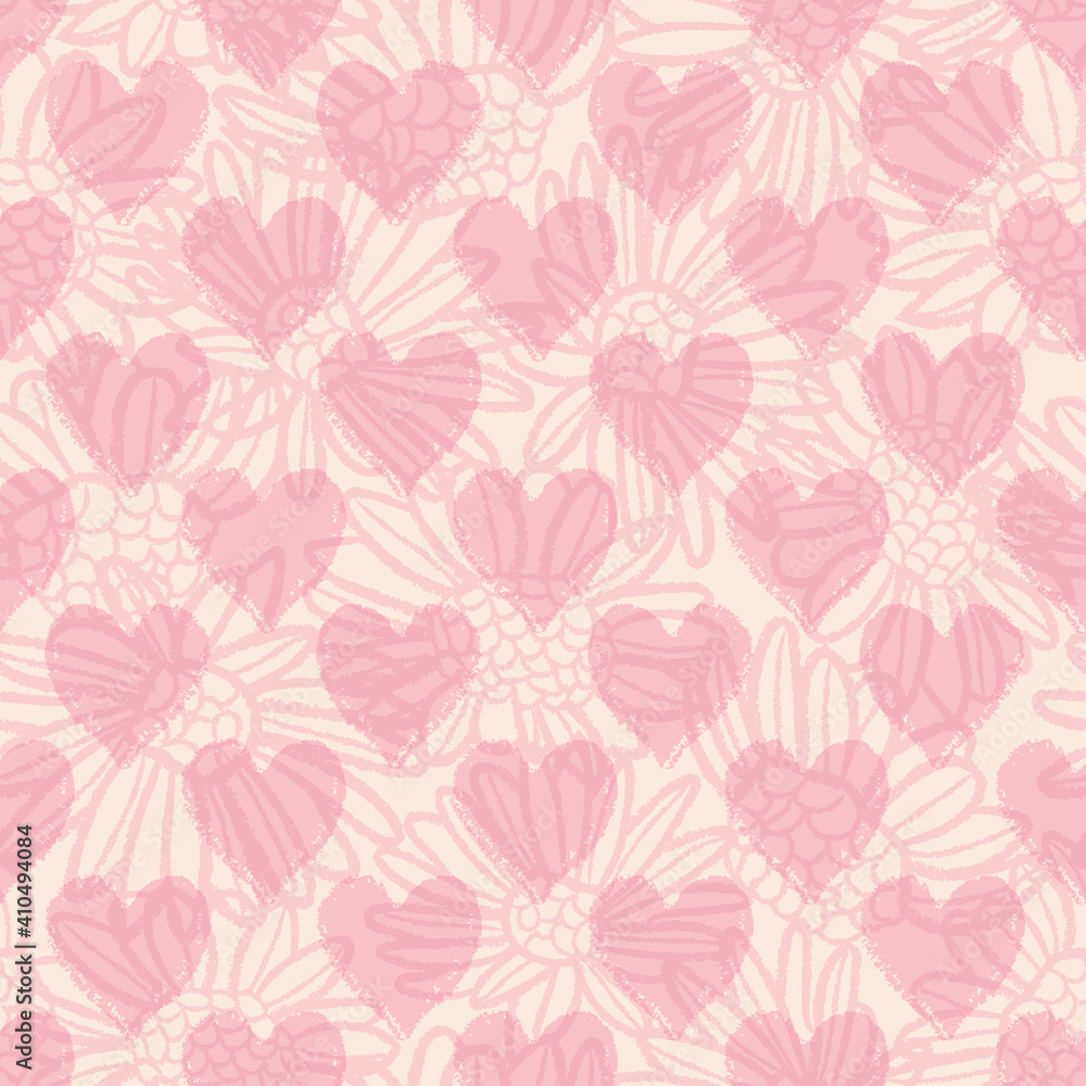 Vector pink hearts flowers ecru seamless pattern
