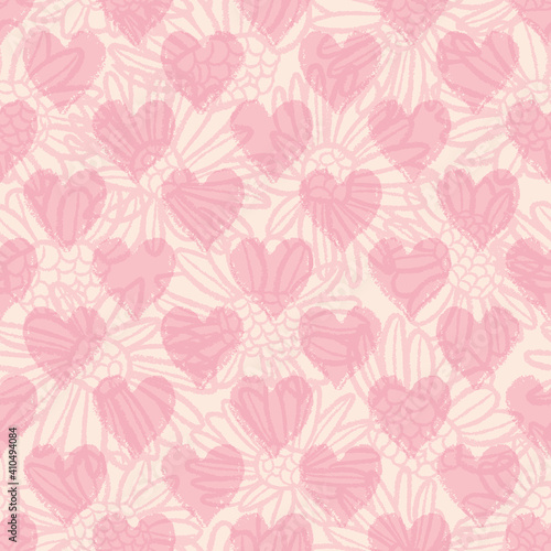 Vector pink hearts flowers ecru seamless pattern