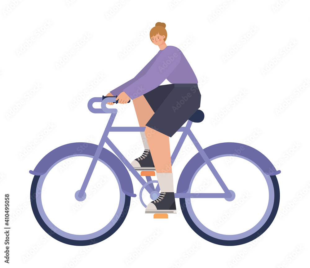Fototapeta premium woman over a purple bycicle on a white background