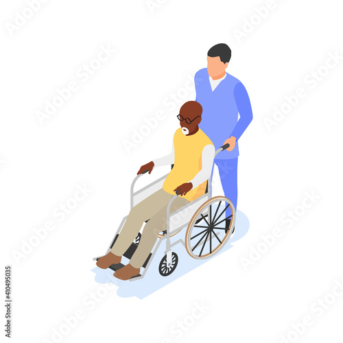 The medical staff is helping an elderly man in a wheelchair to get around.