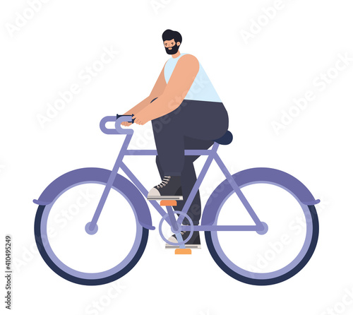 man over a purple bycicle