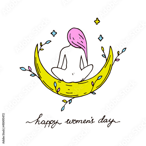 Women’s Day greeting card. Woman sitting on a half moon. Hand drawn vector illustration photo