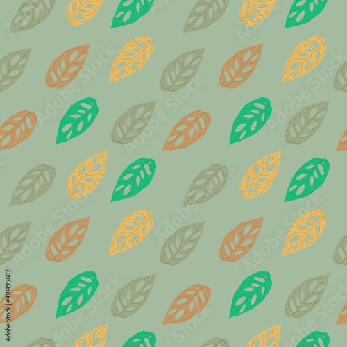 Seamless pattern of colored leaves on a pastel green background. Template for printing on textiles, fabric, bedding, wrapping paper, wallpaper. 