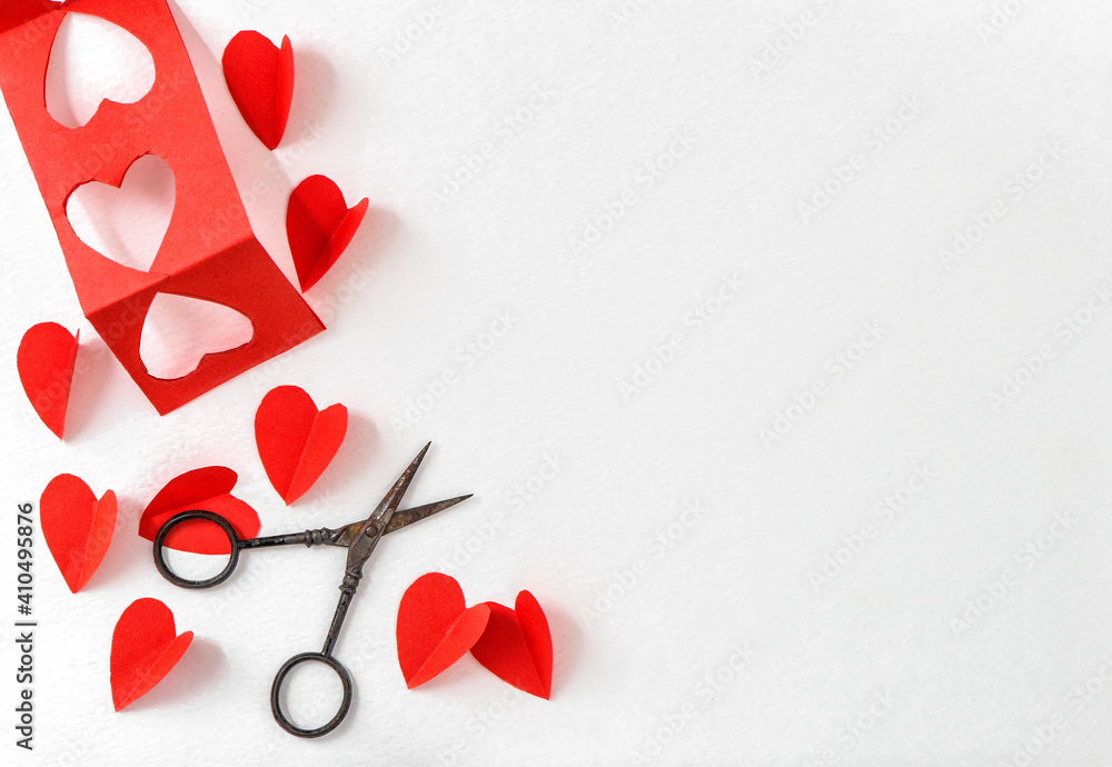 Red hearts scissors craft paper background. Valentines Day Red hearts scissors craft paper background. Valentines Day