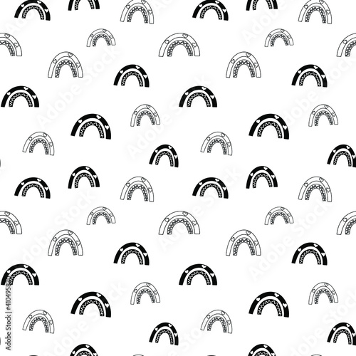 Rainbow seamless pattern, black and white hand-drawn arc doodle digital paper, abstract rainbows repeating background, the monochrome band of color vector wallpaper, cute bow decorative element