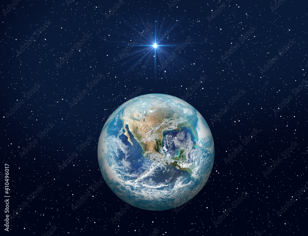 Christmas Star of Bethlehem Nativity, christmas of Jesus Christ. Planet Earth on dark blue night sky with bright star. Baner format. Elements of this image furnished by NASA