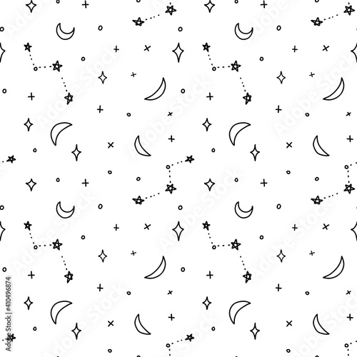 Seamless pattern with crescents and stars. Black on the white pattern of constellations and other hand-drawn celestial elements.