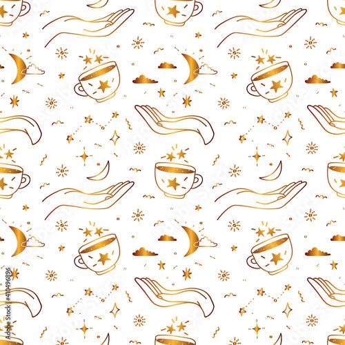 Golden seamless drawn pattern with hands and magic cups on the background of the constellations. Star ornament with celestial elements.