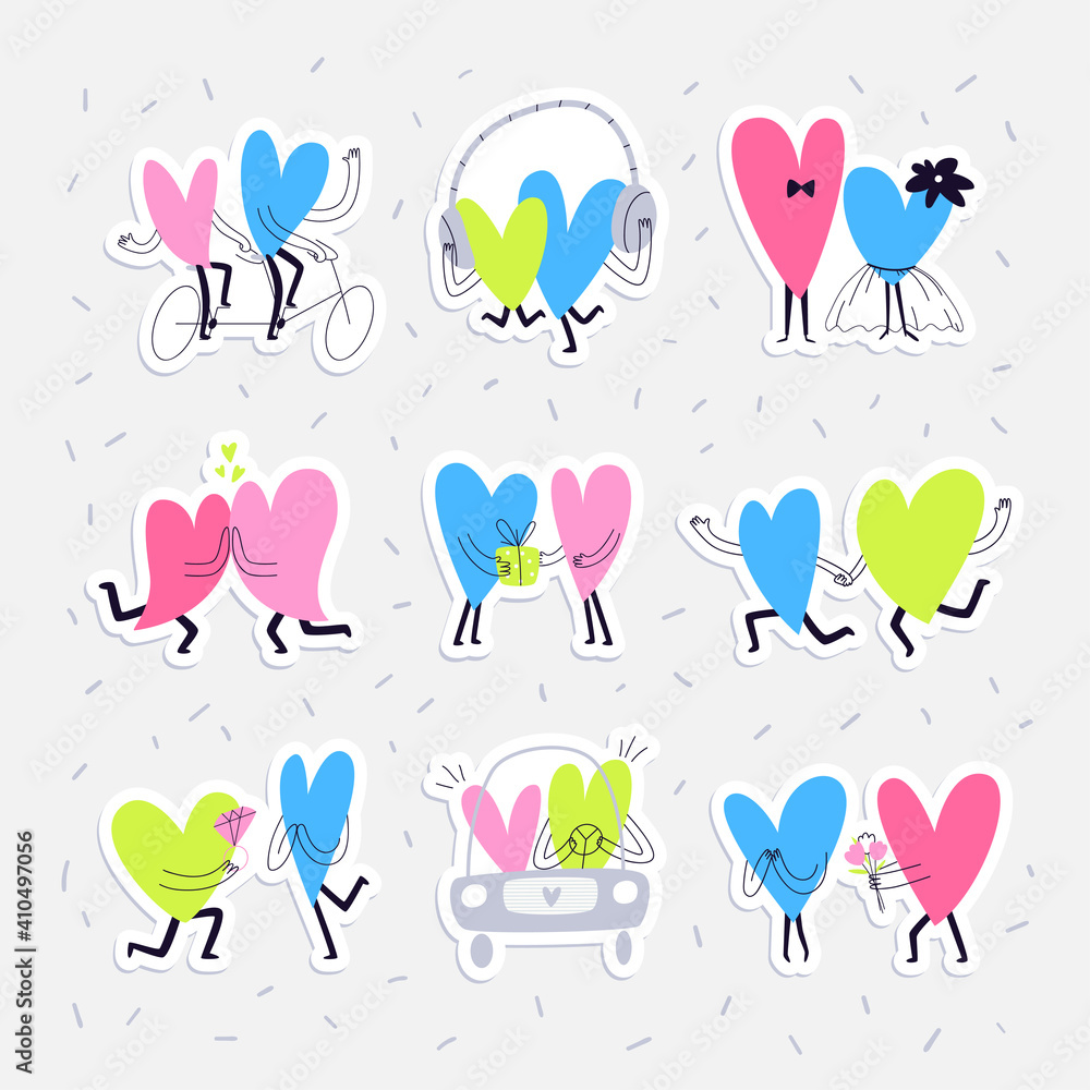 Sticker pack with colored hearts. A set of valentine's day stickers with hearts in love by car, wearing headphones, riding a tandem bike, and others.