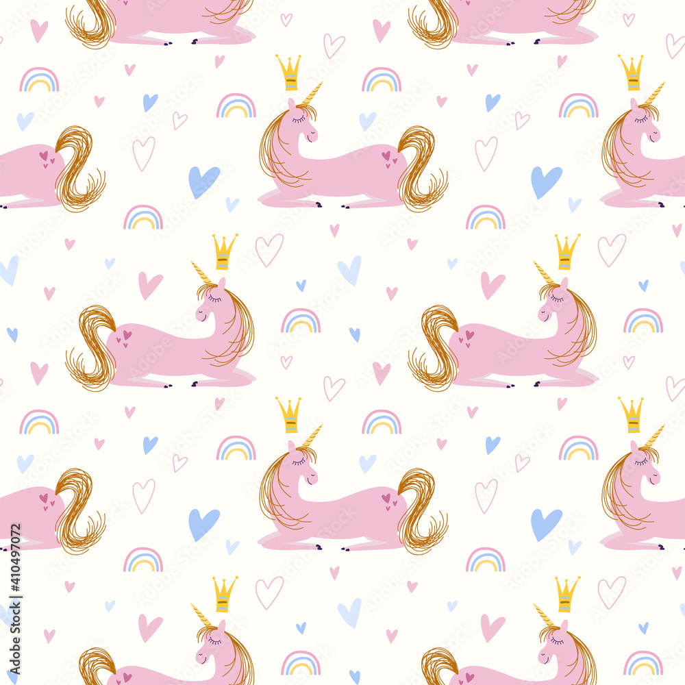 Vector repeat pattern of pink unicorn with crown. The unicorn lay down.