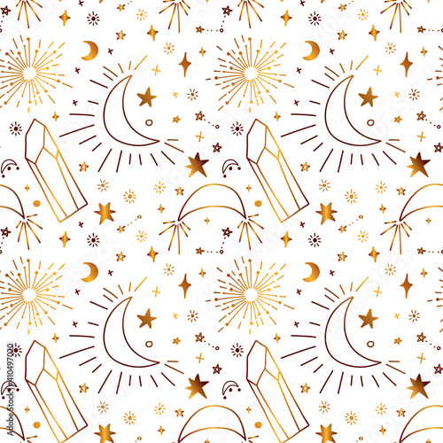 Seamless golden pattern. Gold ornament with celestial elements and semi-precious stones.