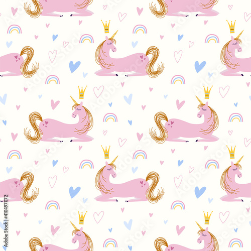 Vector repeat pattern of pink unicorn with crown. The unicorn lay down.