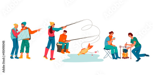 Set of young romantic couples during hiking and camping adventure, flat vector illustration isolated on white background. Men and women tourists fishing, camping and hiking.
