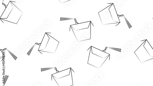 wok noodles in blue box, white background, illustration, pattern. black and white illustration in pencil drawing style. wallpaper design, restaurant, cafe decor, food preparation areas