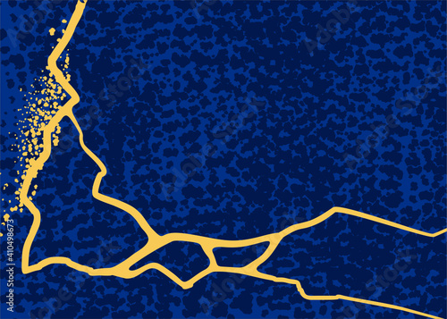 Abstract golden lines on a blue stone in the style of Japanese kintsugi. Modern vector pattern.