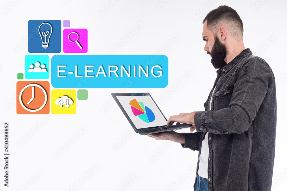 Online training. E-learning symbols next to a man. He studies something over the internet. Student next to the E-learning symbol. Concept is to conduct online trainings. Online trainings. Online training. E-learning symbols next to a man. He studies something over the internet. Student next to the E-learning symbol. Concept is to conduct online trainings. Online trainings.