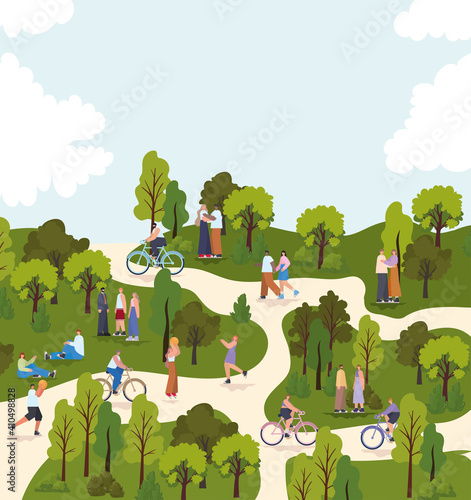 group of people in the park doing activities