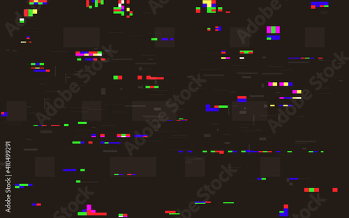 Glitch texture with color pixels. Futuristic video effect. Digital distortions. Random rgb elements. VHS problem concept. TV screen static effect. Vector illustration