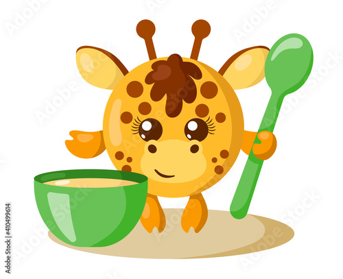 Funny cute kawaii giraffe with round body, spoon and bowl in flat design with shadows. Isolated animal vector illustration	
